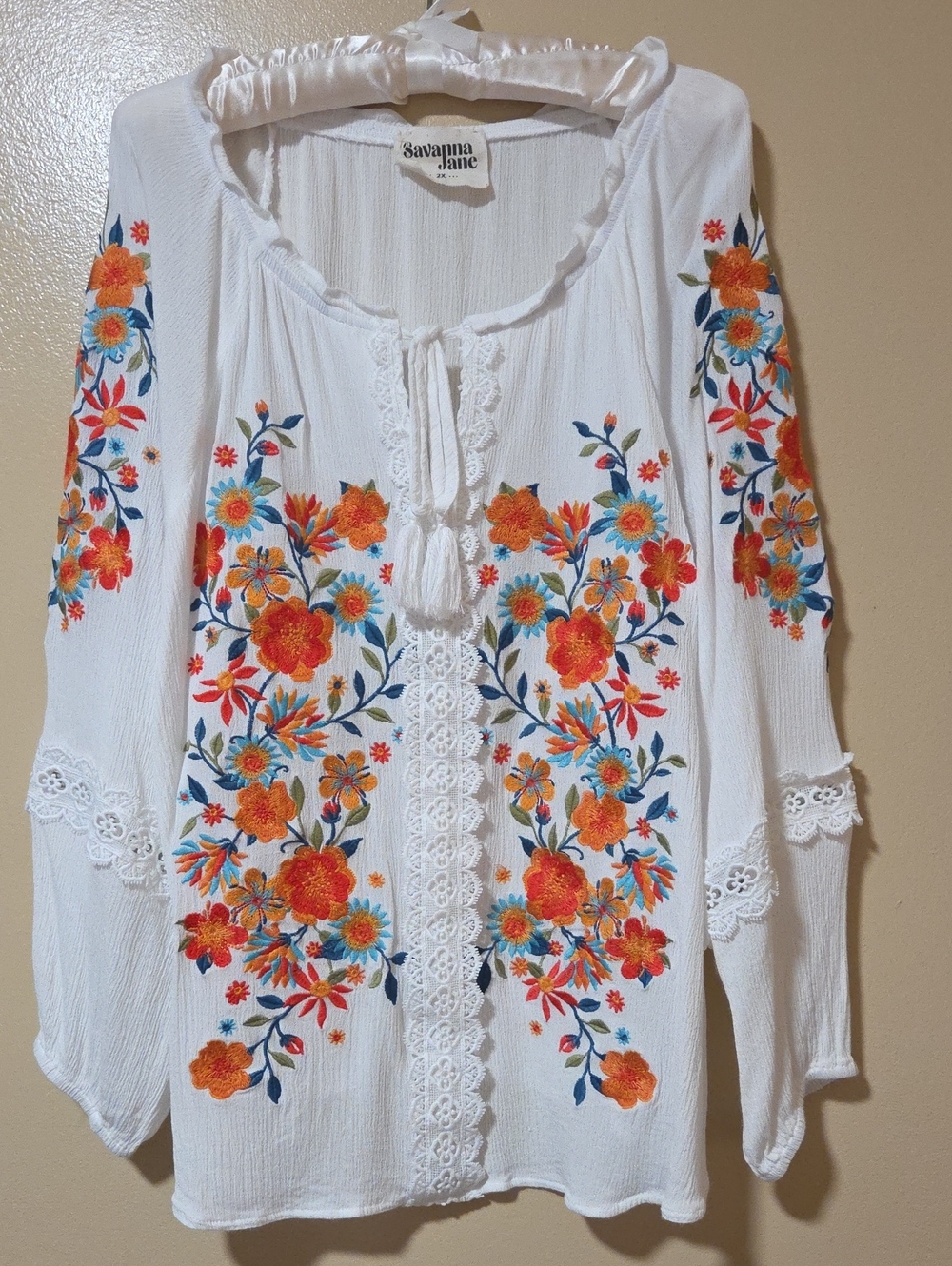 Savanna Jane White Tunic Top with Orange & Blue Floral Embroidery